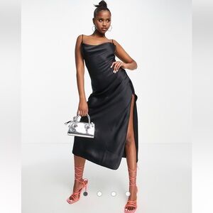 ASOS AsYou Elegant Black Satin Cowl Neck Dress with Side Slit